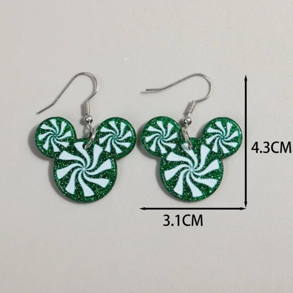 Mickey Mouse Green Peppermint Swirl Dangle Drop Earrings NEW - Picture 3 of 5
